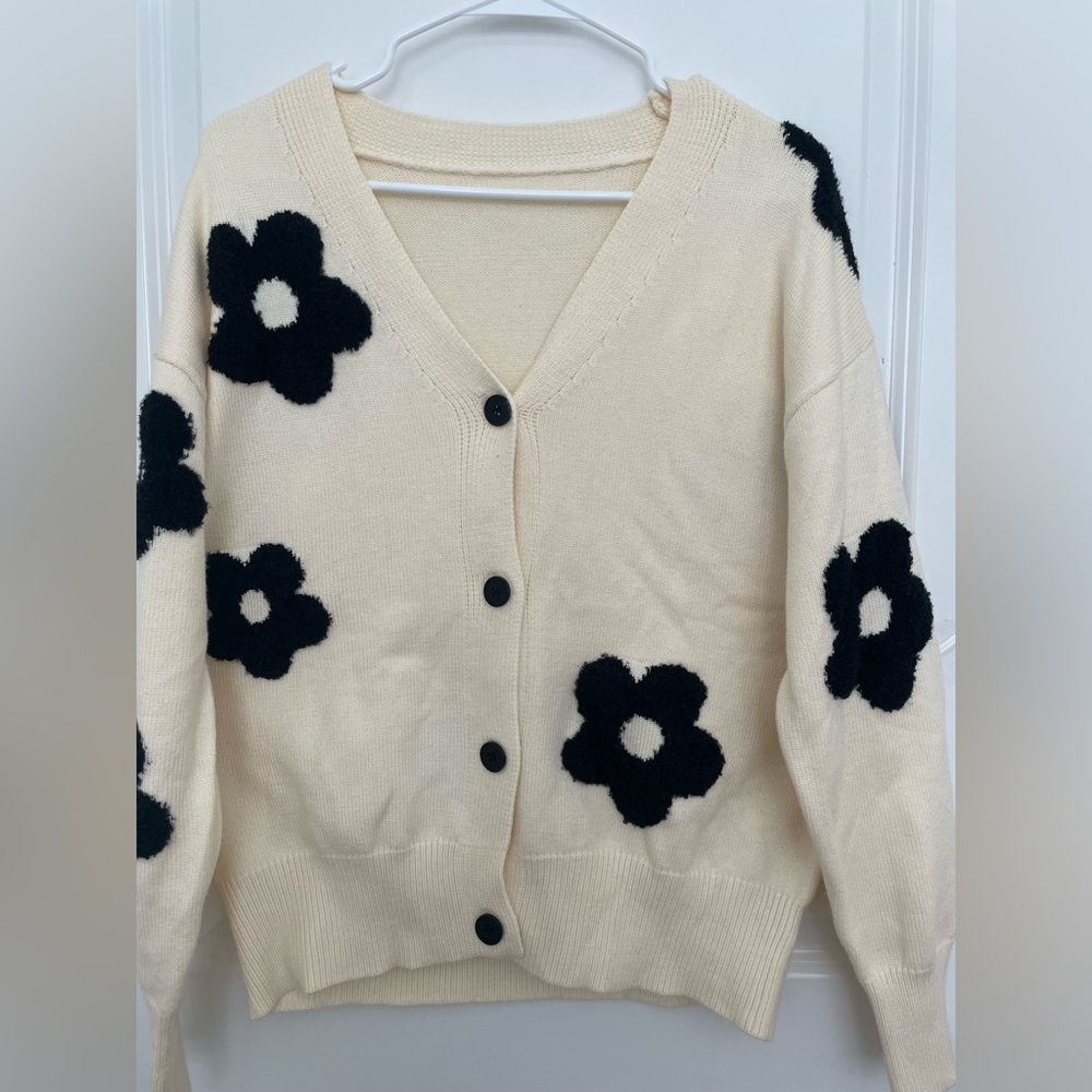 Floral Cream and Black Cardigan Sweater